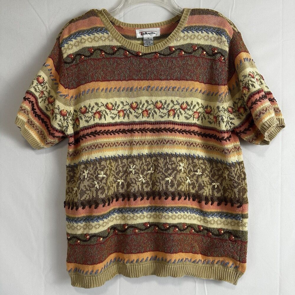 Vintage Talbots Women's Flowers Knit Short Sleeve Sweater- Size Med